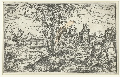 Landschap met vrouw en kind by Unknown, print, 1539