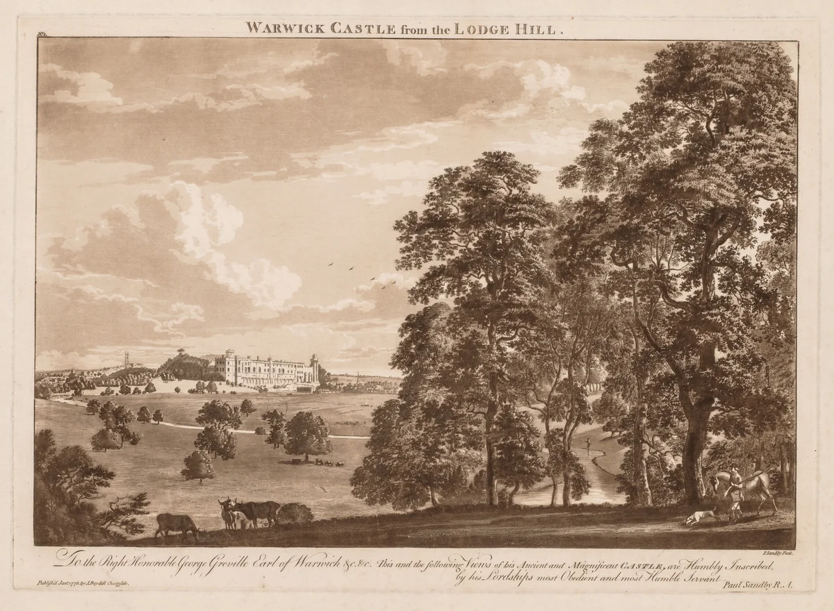 Views of Warwick Castle: Warwick Castle from the Lodge Hill by Paul Sandby, print, 1776