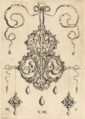 Strapwork Pendant with Three Drops and Two Cross-Shaped Pendants as Earrings at Left and Right by Daniel Mignot, print, 1516-1653