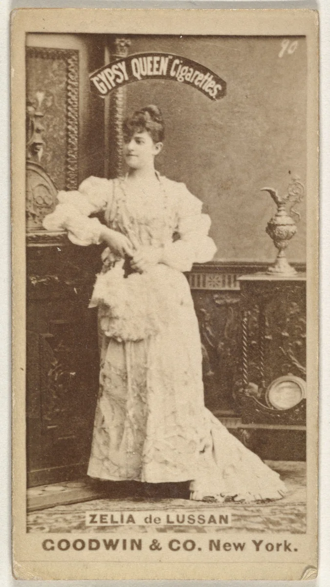 Zelia de Lussan, from the Actors and Actresses series (N171) for Gypsy Queen Cigarettes by Goodwin & Company, photograph, 1886-1890