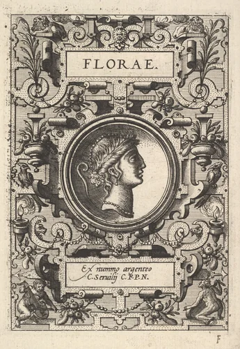 Bust of Florae surrounded by strapwork, from "Deorum dearumque" by Hans Vredeman de Vries, print, 1573