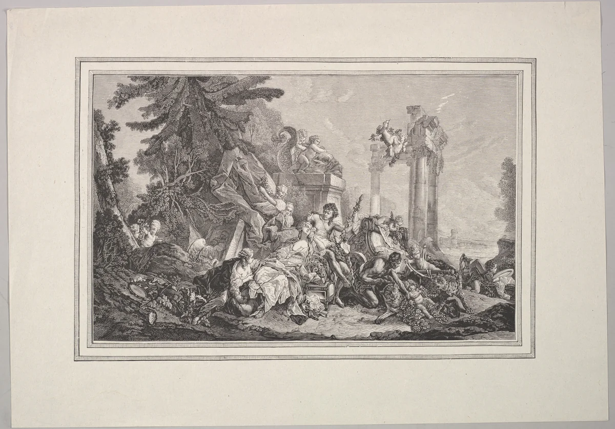 Wood Engraving of a Tapestry of Bacchus and Ariadne, from "Amours des Dieux" (Loves of the Gods) by anonymous, print, 1749-1900