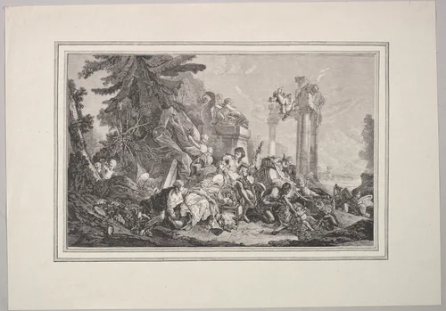 Wood Engraving of a Tapestry of Bacchus and Ariadne, from "Amours des Dieux" (Loves of the Gods) by anonymous, print, 1749-1900