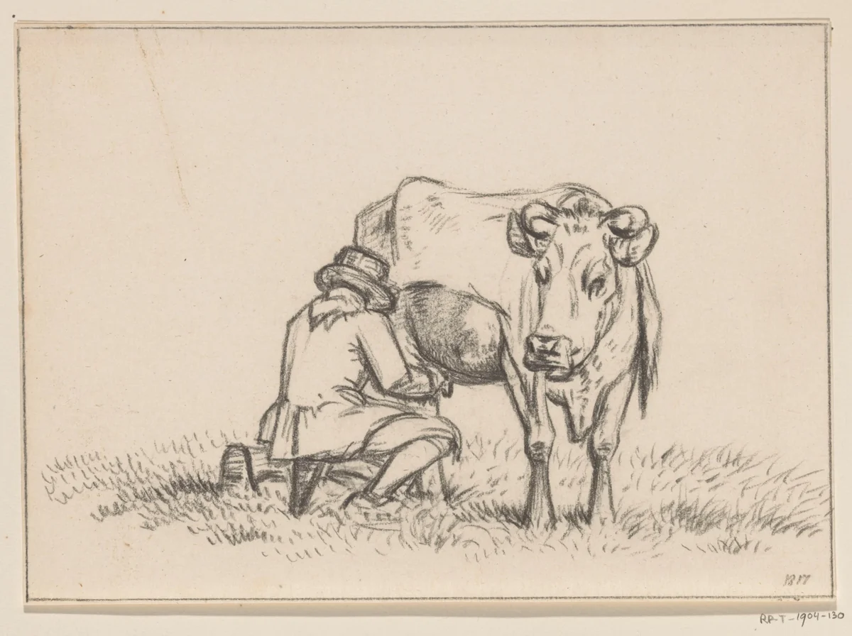 Een koe wordt gemolken by Jean Bernard, drawing, 1817