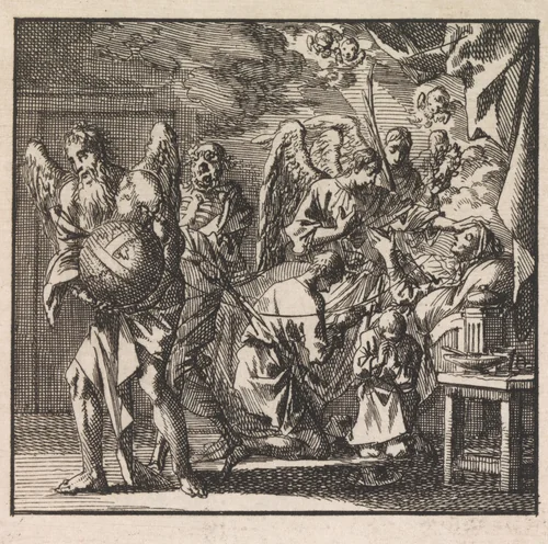 Dood staat op het punt om de levensdraad van een stervende vrouw door te knippen by Jan Luyken, print, 1710