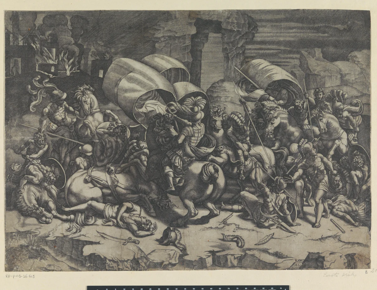 Veldslag tussen Romeinen en Carthagers by Unknown, print, 1500-1536