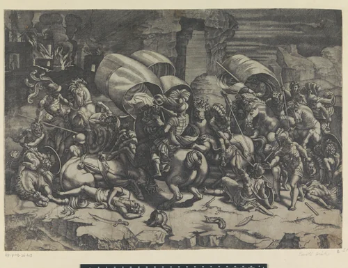 Veldslag tussen Romeinen en Carthagers by Unknown, print, 1500-1536