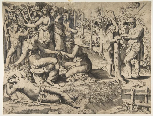 Flora in the centre passing a wreath to another woman, surrounded by other figures by Giulio Bonasone, print, 1545-1585