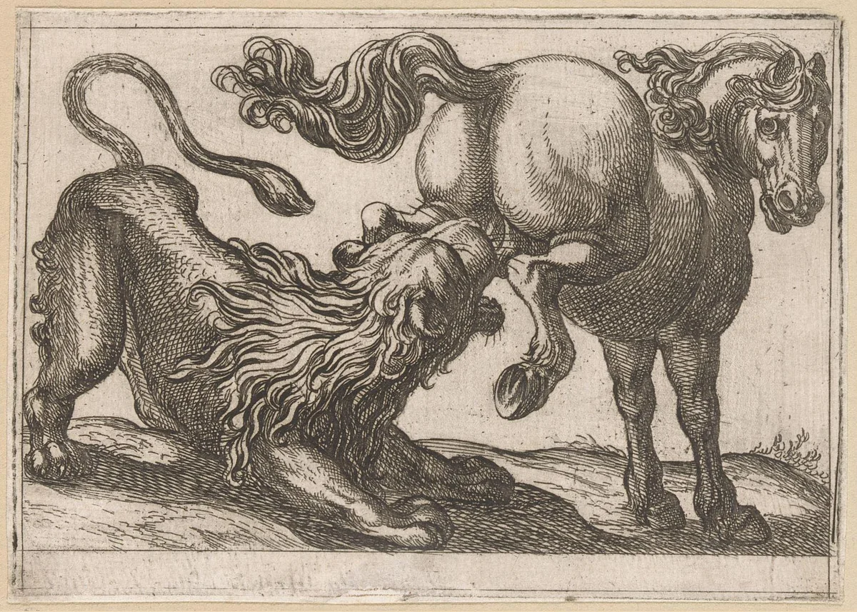 Een paard een leeuw trappend by Antonio Tempesta, print, 1600
