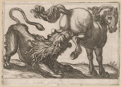 Een paard een leeuw trappend by Antonio Tempesta, print, 1600