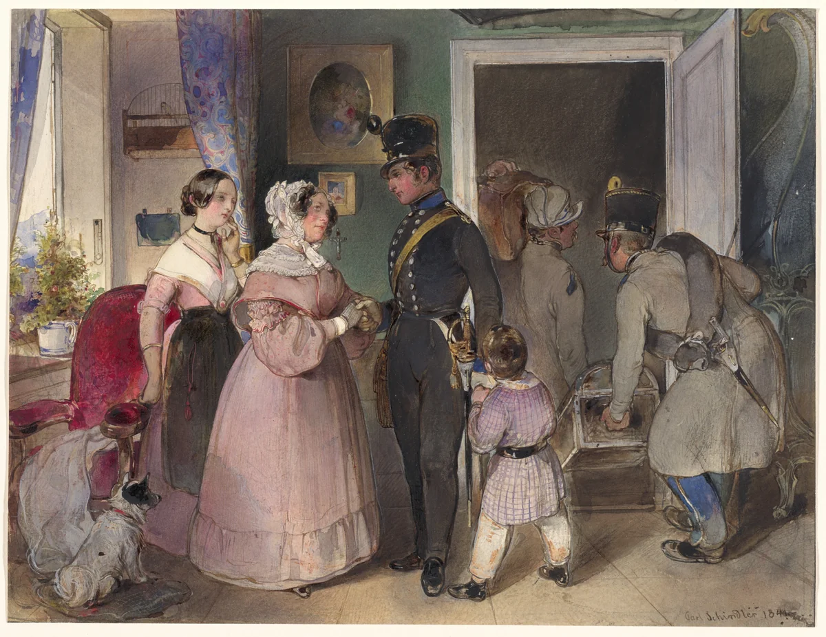A Young Officer Saying Farewell to His Family by Carl Schindler, drawing, 1841