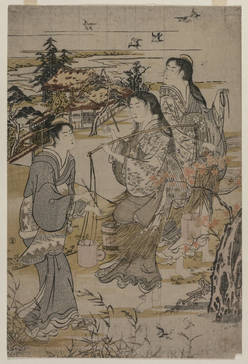 Women with Salt Pails; The Noda Tama River in Mutsu Province, from an untitled series of the Six Tama Rivers by Kubo Shunman (窪俊満), print, 1787-1789