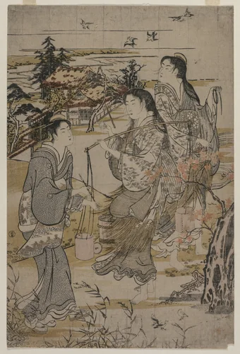 Women with Salt Pails; The Noda Tama River in Mutsu Province, from an untitled series of the Six Tama Rivers by Kubo Shunman (窪俊満), print, 1787-1789