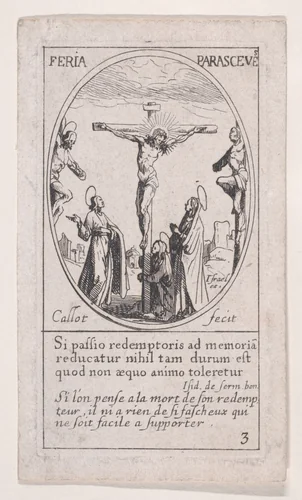 Jésus-Christ expire sur le croix (Christ on the Cross), Good Friday, scene 3 from Images des Fêtes Mobiles (Images of Moveable Feasts from the Christian Calendar), part of "Les Images De Tous Les Saincts et Saintes de L'Année" (Images of All of the Saints and Religious Events of the Year) by Jacques Callot, print, 1627-1637