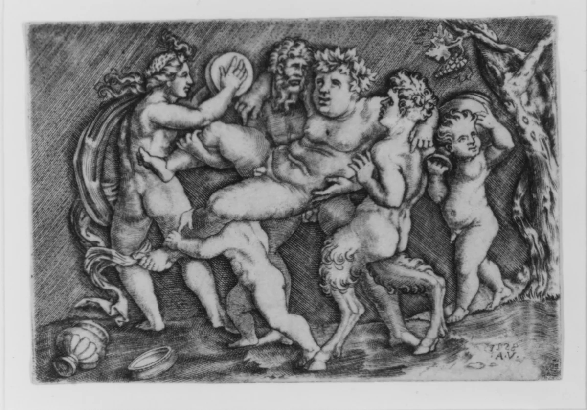 Bacchus Carried by Two Satyrs by Agostino Veneziano, print, 1523-1533