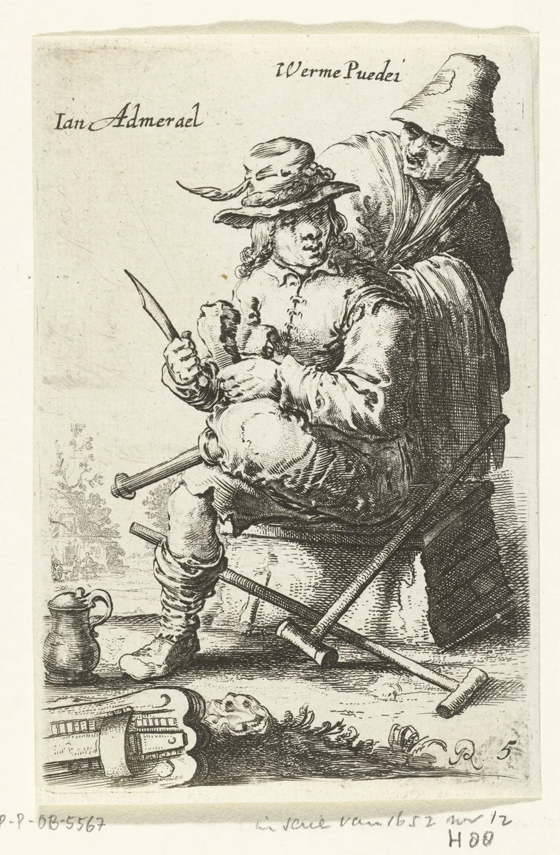 Man met houten been en een oude vrouw by Salomon Savery, print, 1638-1665