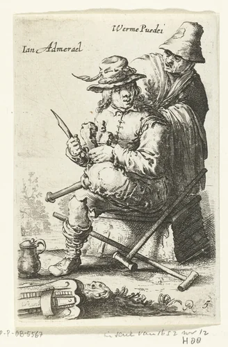 Man met houten been en een oude vrouw by Salomon Savery, print, 1638-1665
