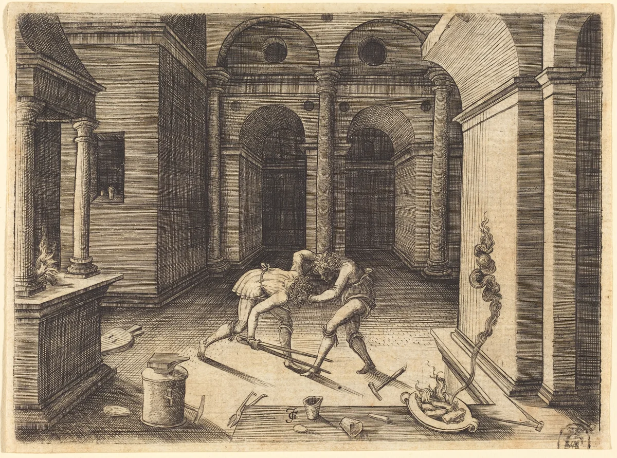 Two Apprentices Fighting by Jean de Gourmont, print, 1471-1566