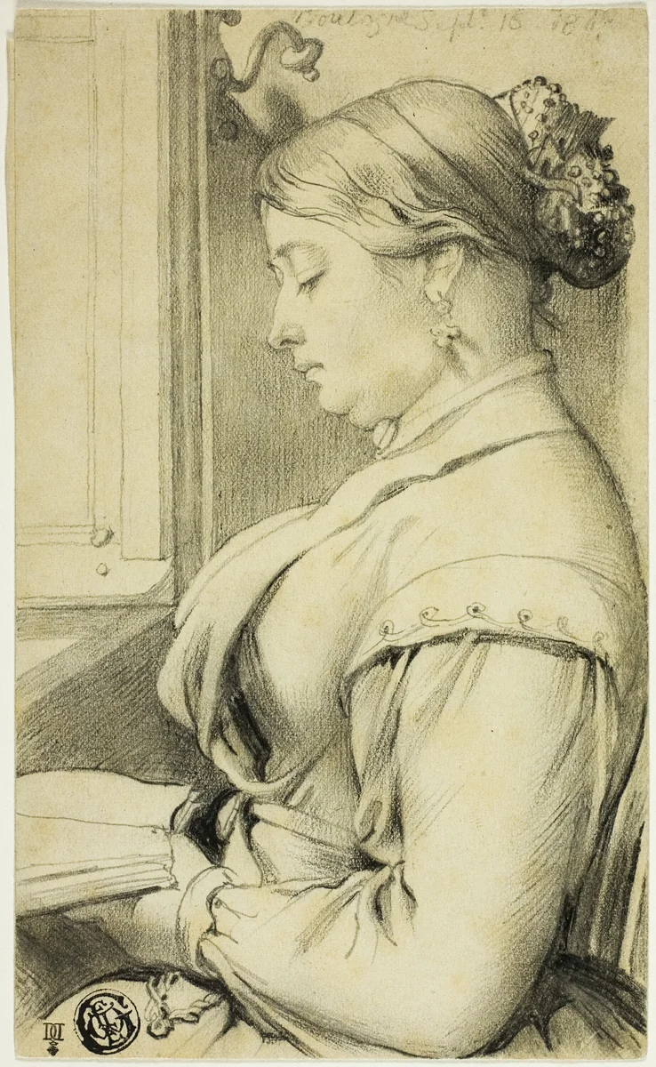 Half-Length Portrait of Woman (in profile to left) Reading by Opera Window by Unknown Artist, drawing, 1800-1899
