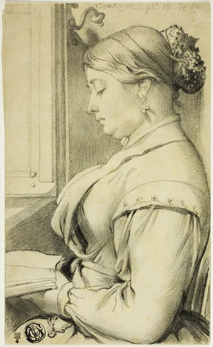 Half-Length Portrait of Woman (in profile to left) Reading by Opera Window by Unknown Artist, drawing, 1800-1899