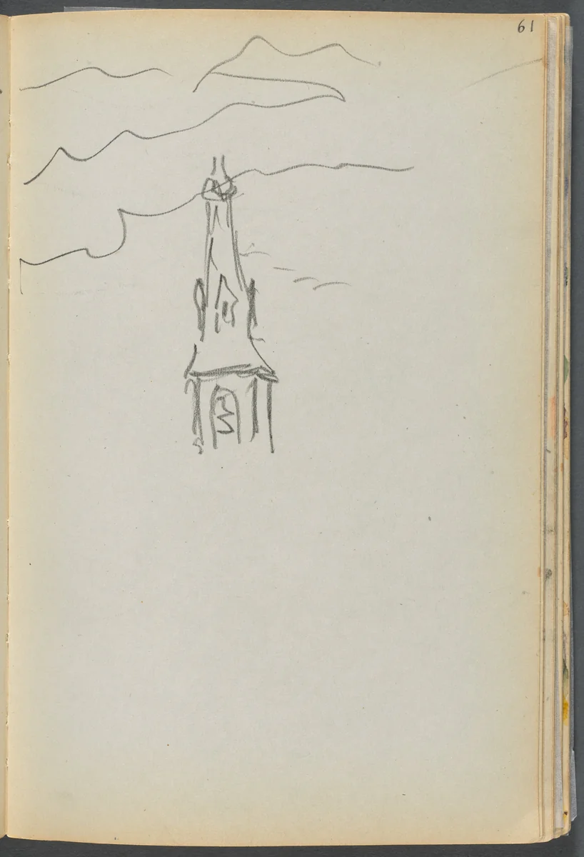 Sketchbook- The Granite Shore Hotel, Rockport, page 061: Church Spire with Sky by Maurice Prendergast, book, 1905-1910