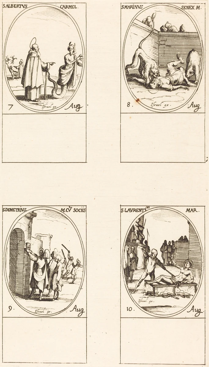 St. Albert of Sicliy, Carmelite; St. Martinus;St. Demetrius and Companions; St. Lawrence by Jacques Callot, print, 1627-1637