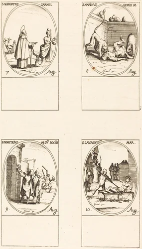 St. Albert of Sicliy, Carmelite; St. Martinus;St. Demetrius and Companions; St. Lawrence by Jacques Callot, print, 1627-1637
