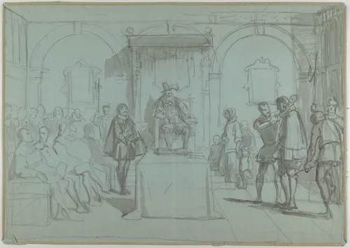 King Christian IV of Denmark Judging Christoffer Rosenkrantz; verso: Don Quixote and Others Attending Master Peter's Puppet Show by Wilhelm Marstrand, drawing, 1864-1866