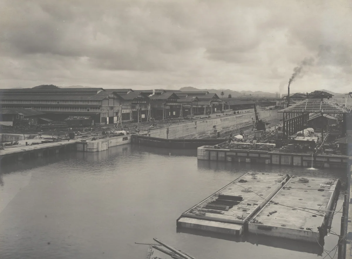 Balboa Terminals. Dry Dock #1 from Unloader towers. Entering basin flooded by Unidentified Photographer, photograph, 1916