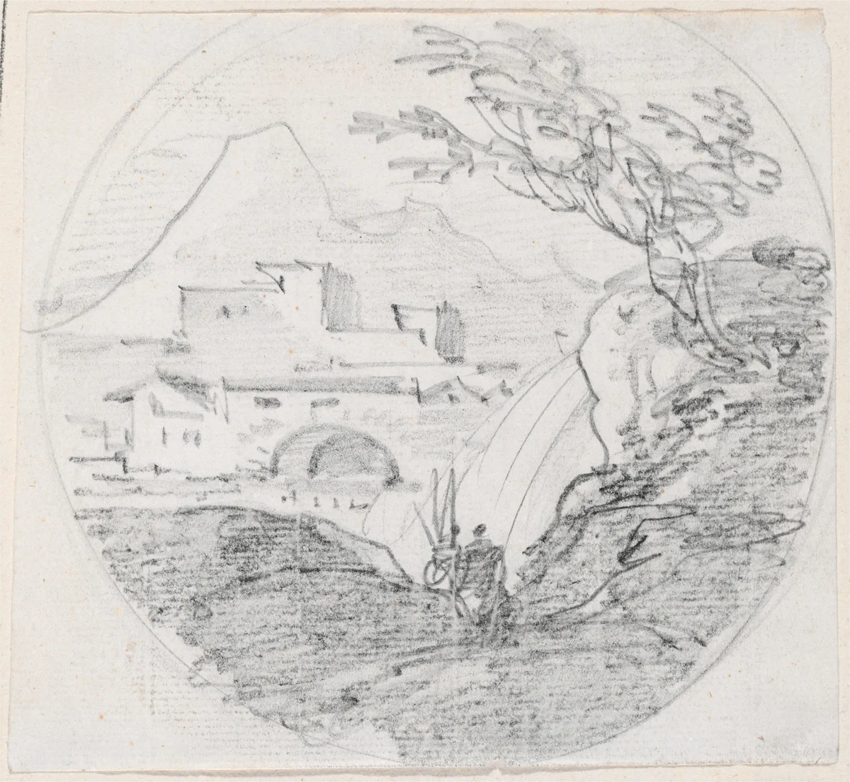 View from a Ridge to a Village and Distant Mountain by Hubert Robert, drawing, 1754-1765