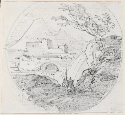 View from a Ridge to a Village and Distant Mountain by Hubert Robert, drawing, 1754-1765