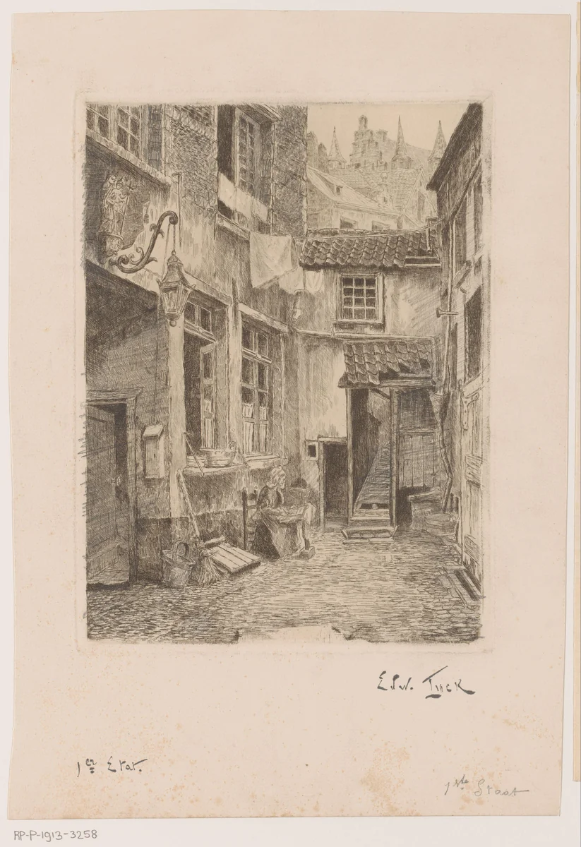 Gezicht op een binnenplaats in Antwerpen by Edouard Tyck, print, 1888