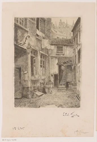 Gezicht op een binnenplaats in Antwerpen by Edouard Tyck, print, 1888