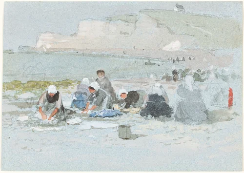 Washerwomen on the Beach at Etretat by George Henry Boughton, drawing, 1833-1905