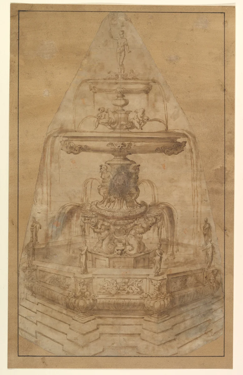 Design for a Fountain with River Gods and Nymphs by anonymous, drawing, 1500-1599