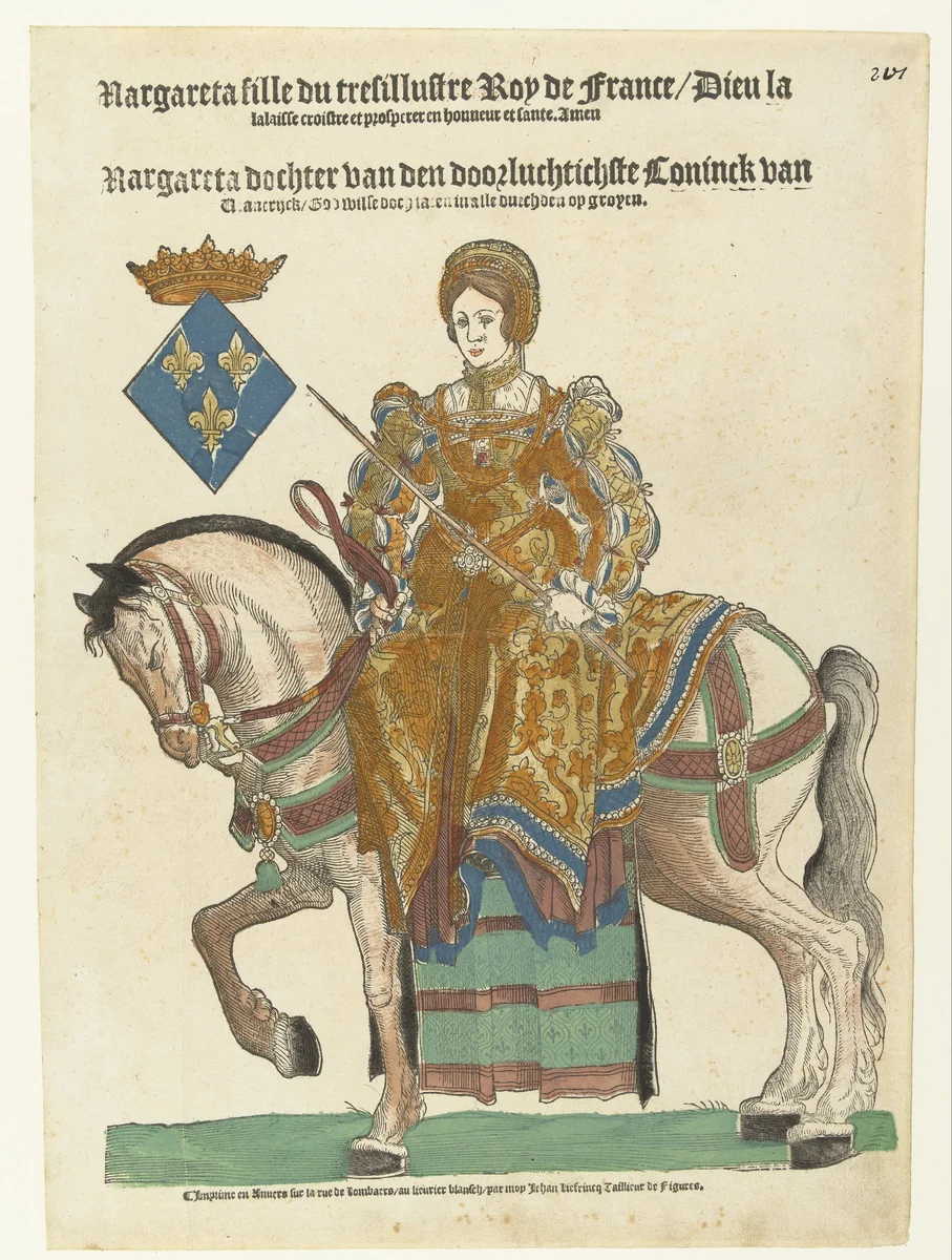 Portret van Margaretha van Valois te paard by Hans Liefrinck, print, 1539-1559
