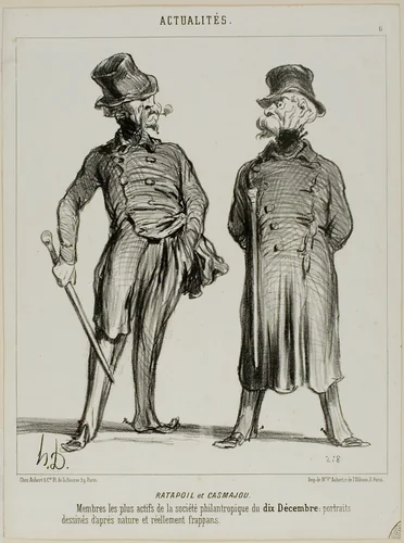 Ratapoil and Casmajou. The most active members of the philanthropic society of December 10: the portraits are drawn from nature and are of striking similarity, plate six from Actualités by Honoré-Victorin Daumier, print, 1850