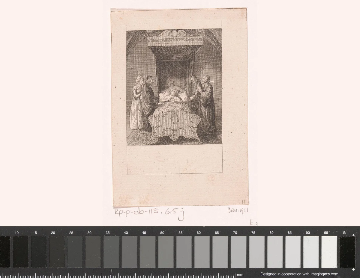 Jeanne d'Albret op haar doodsbed by Daniel Nikolaus Chodowiecki, print, 1799