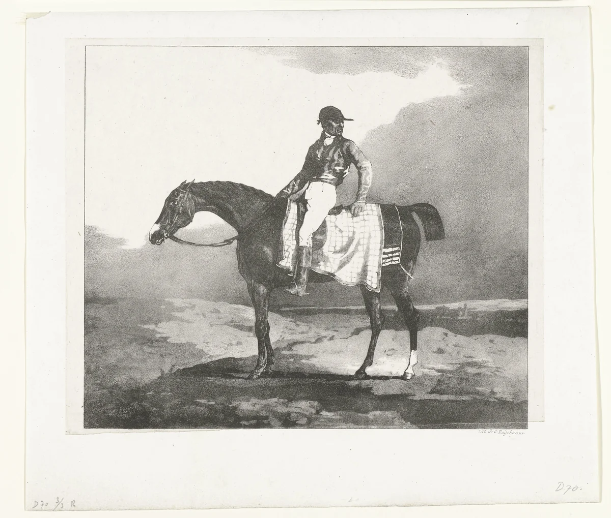 Jockey op een Engels volbloedpaard by Théodore Géricault, print, 1823