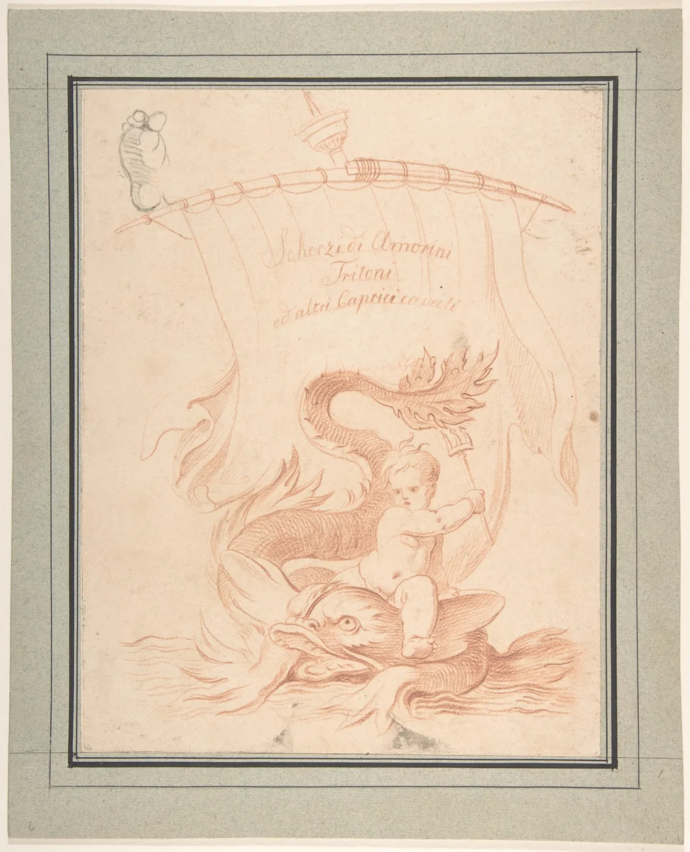 Drawing for Title-Page with Amorini Riding a Dolphin by anonymous, drawing, 1700-1800