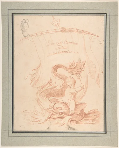 Drawing for Title-Page with Amorini Riding a Dolphin by anonymous, drawing, 1700-1800