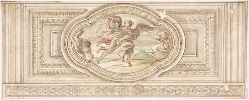 Design for a Panel with a Depiction of Boreas Abducting Oreithyia by anonymous, drawing, 1600-1700