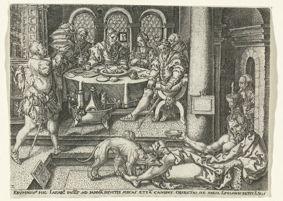 Lazarus bedelt aan de deur van de rijke man by anonymous, print, 1554-1610