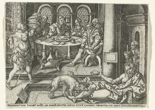 Lazarus bedelt aan de deur van de rijke man by anonymous, print, 1554-1610