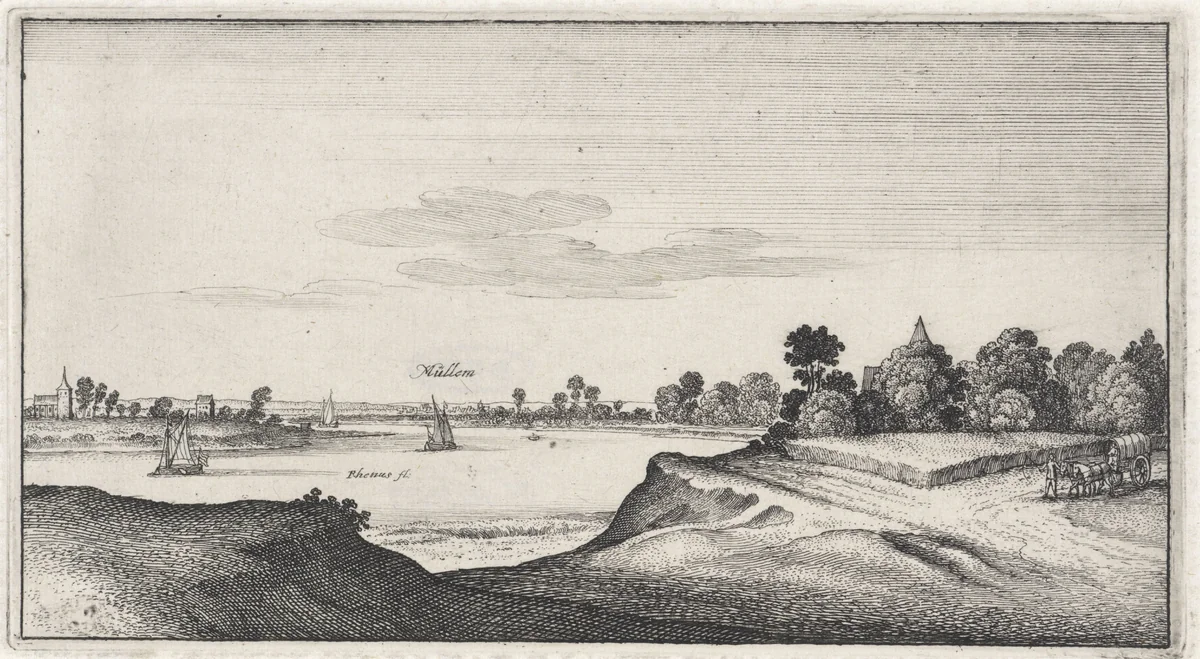 Landschap met gezicht op Mülheim by Wenceslaus Hollar, print, 1643-1644