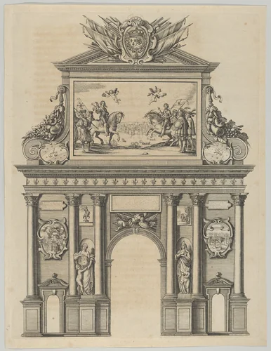 Triumphal arch, from 'Éloges et discours sur la triomphante réception du Roy en sa ville de Paris ...' by Jean-Baptiste de Machault by Melchior Tavernier, print, 1629