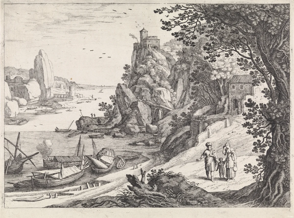Landschap met de verdrijving van Hagar en Ismaël by Guilliam van Nieulandt, print, 1594-1635