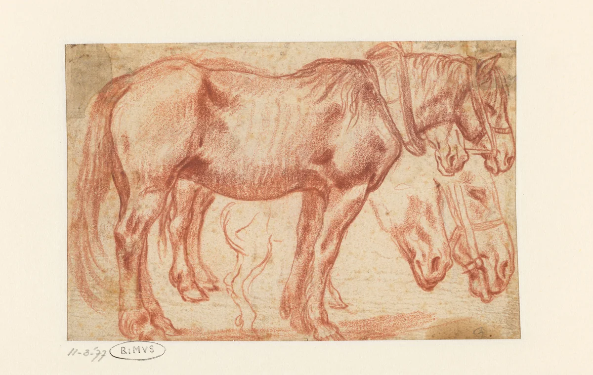 Twee staande paarden, paardenhoofden en achterbenen van een paard by Unknown, drawing, 1578-1625