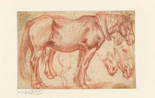 Twee staande paarden, paardenhoofden en achterbenen van een paard by Unknown, drawing, 1578-1625