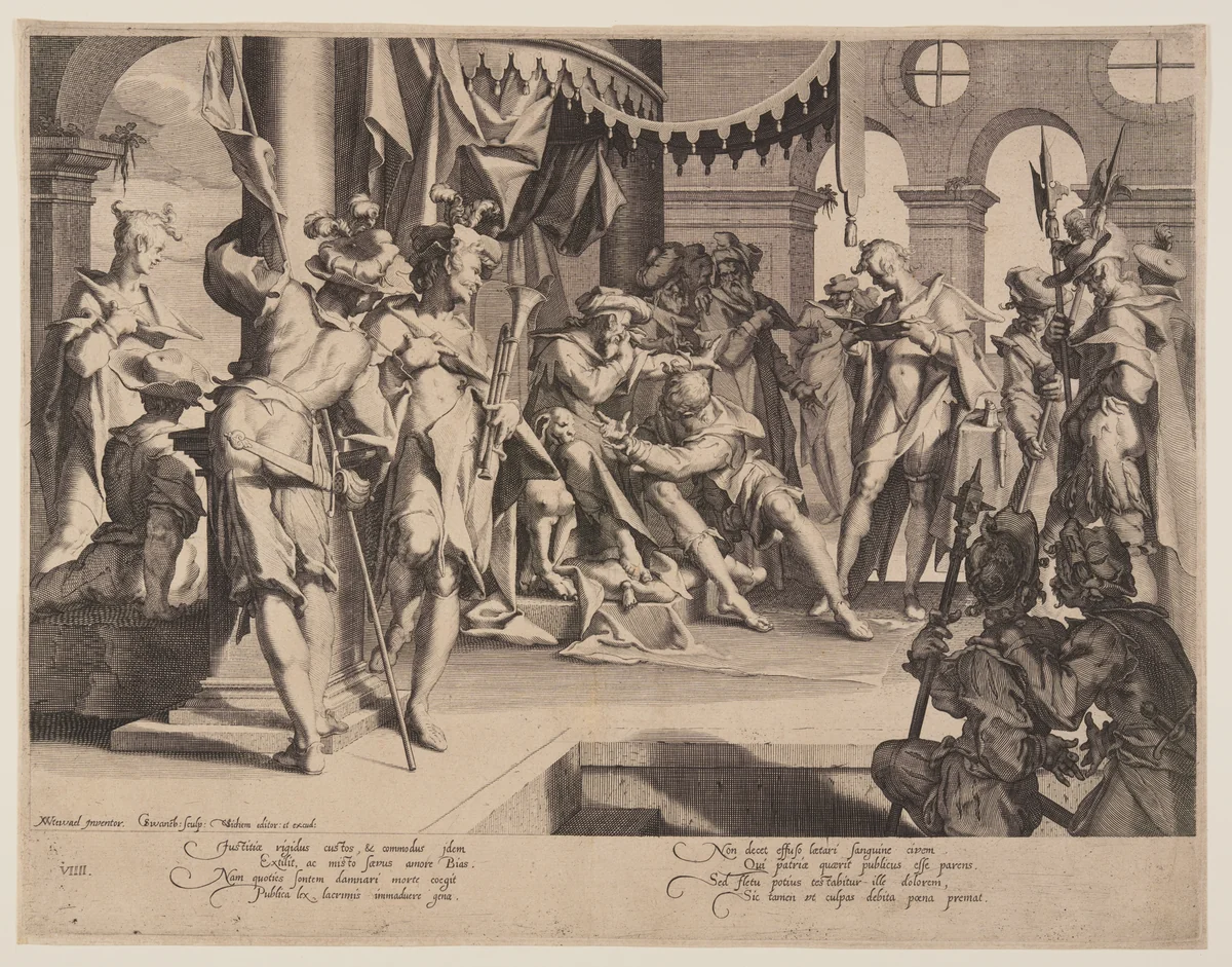 Judge Bias Shedding Tears, plate 9 from Thrones of Justice (Thronus Iustitiae) by Willem van Swanenburgh, print, 1606